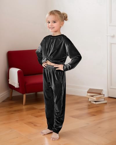 JiAmy Conjunto de 2 peças de moletom infantil de veludo para meninas de 5 a 12 anos, Preto, 7-8 Anos