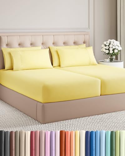 Image of Split King 7 Piece Bed Sheet Set - Comfy, Breathable & Cooling - Yellow | Ultra-Soft Hotel Luxury Bedding Set w / 8-16 Inch Deep Pockets, 1 Flat & 2 Fitted Sheet & 4 Pillowcases, Wrinkle & Fade Free