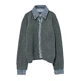 [FsjDuwj] カーディガン レディース デニム＆ニット 異素材切り替え デザイン 長袖 ボタン留め 秋冬 シーズン フリーサイズ (M・Lサイズ相当) おしゃれ ルームウェア アウター (ブルー)