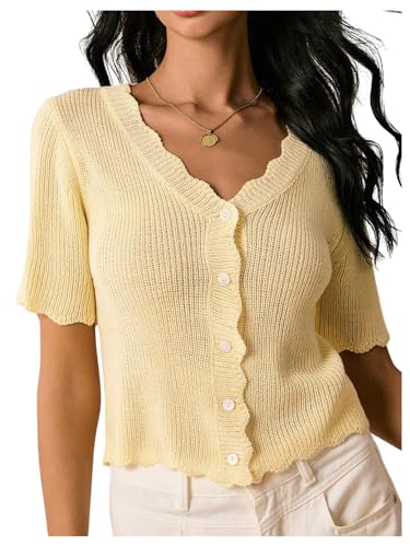 SOLY HUX Women's Knitted Top Short Sleeve V Neck Button Down Cardigan Scallop Sweater