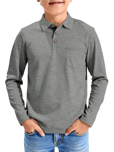 Image of Haloumoning Boys Long Sleeve Polo Shirts Kids Casual Button School Uniform Shirts with Chest Pocket 5-14 Years