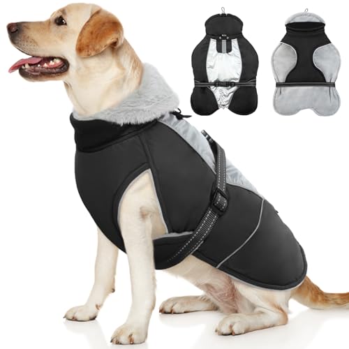 Kuoser Warm Dog Coat, Reflective Fleece Dog Jacketwith Harness, Windproof Waterproof Dog Winter Coat Dog Cold Weather Coats, Dog Vest Dog Snowsuit for Large Dogs Medium Small Dogs