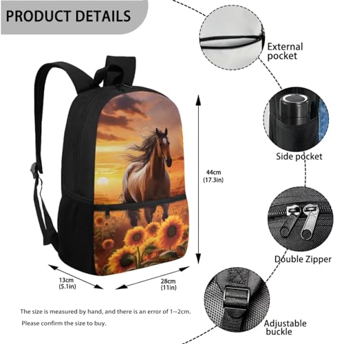 TOADDITDO Horse Girls Backpack with Lunch Box and Pencil Case Sunflower Middle School School Bag Large Capacity Travel Shoulder Bags Laptop Backpacks Daypack Back Packs Mochilas Escolares Para NiñOs3