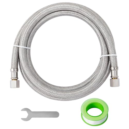 SUNGATOR 5 Feet Refrigerator Water Line, 1/4' Comp X 1/4' Comp Ice Maker Hose, 5 Feet Stainless Steel Braided Ice Maker Water Supply Line with A Wrench and Sealing Tape (1 Pack)