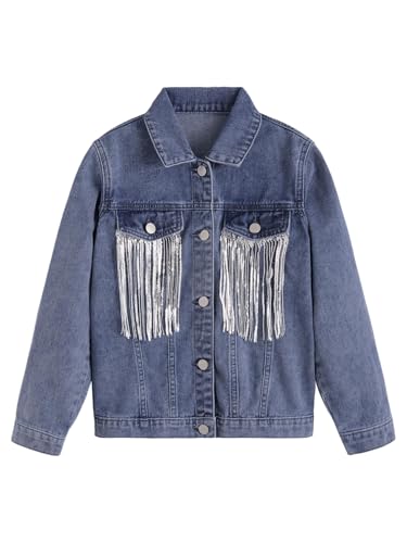 MakeMeChic Girl's Jean Jacket Fringe Button Down Long Sleeve Collared Y2k Denim Jacket