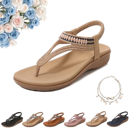 Women's T-Strap Flat Sandals With Sparkling Rhinestones, Summer Arch Support Sandals, Comfort Ankle Strap Elastic Flats for Beach Walking