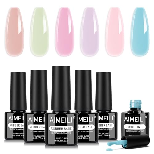 AIMEILI Base Rubber Para Uñas Rubber Base Gel UV LED Nail Builder Constructor Nail Strengthener Gel Adhesive Rhinestones 6 Colors Light Pink Nude Nail Art DIY Home Salon Manicure 5ML - Set 126
