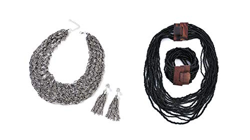 Silver Tube Seed Bead Tassel Earrings Braided Statement Bib Necklace Set Black Seed Bead Multi Strand Statement Necklace Bangle Bracelet Set Fashion Jewelry for Women