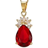RIZILIA Pear Cut Birthstone Necklace for Women - July Simulated Red Ruby - 14K Yellow Gold Plated Pendant, 18'+2' Chain - Gift Boxed for Her, Mother Birthday