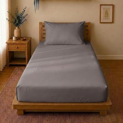 Image of Linen Home Cotton Percale Fitted Bedsheet Set Single Size Charcoal