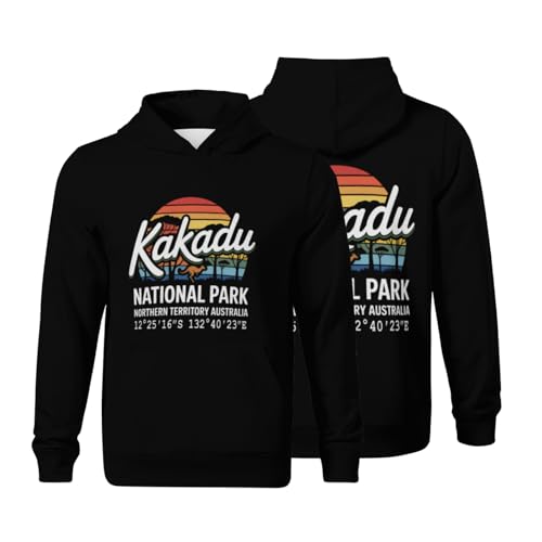 Kids Retro Kakadu National Park with GPS Location Boys Girls Lightweight Kangaroo Pocket Fleece Hoodies