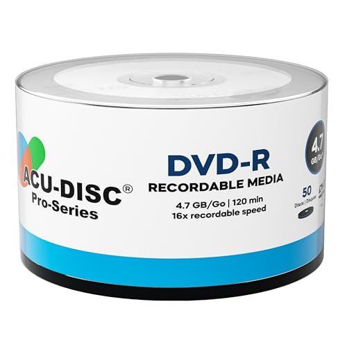 ACU-DISC Pro-Series DVD-R 4.7GB 16x Speed 120 Minutes Blank Discs AZO Dye UV Protection Hard Coat Anti-Scratch Surface Perfect for Photos & Videos Compatible with Any DVD Drive 17714 50 Pack
