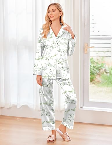 Image of Ekouaer Women's Classic Button Down Long Satin Silk Pajama Set