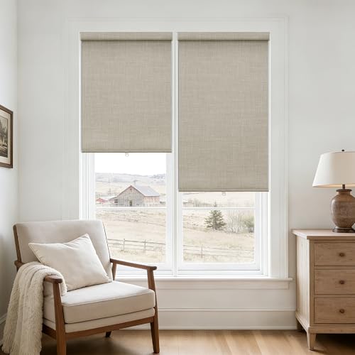Cordless Black Out Shades for Indoor Narrow Windows Bay Free-Stop Thermal Insulated 100% Blackout Linen Fabric Roller Shades Blinds for Bedroom Living Dining Room Oatmeal Beige Colored 23 Inch Width