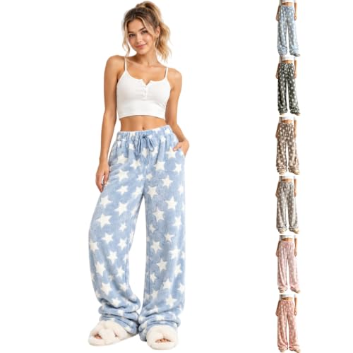 CHENXDZHAO Flannel Pajama Pants Women,Flannel Pajama Pants Women Wide Leg Elastic Waist Fleece Pant Fall Winter Trendy Cute Casual Loose Fit Cozy Pj Bottoms 2026 Christmas Sleepwear,Light Blue,L - image 1