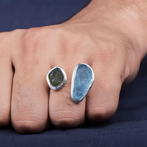 Natural Moldavite Ring 925 Sterling Silver Handmade Jewelry With Certified Gemstone From Czech Republic Aquamarine Silver Promise Ring Gift For Mens/Womens (Moldavite/Aquamarine)3