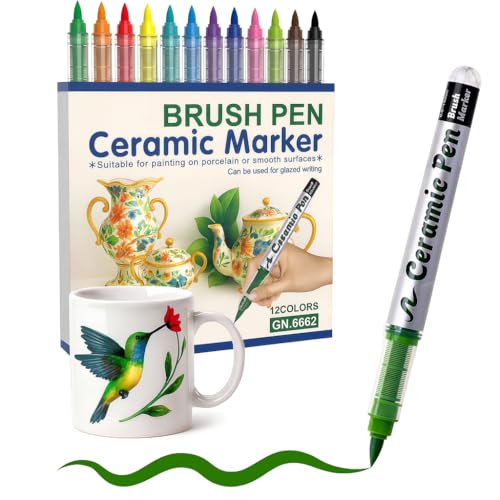 12 Colors Porcelain Pens for Ceramic , 1–8mm Brush Tip Porcelain Markers for Mugs, Plates & Glass, Waterproof Acrylic Paint Pens for DIY Crafts, Christmas Ornaments & Wine Glass Decorating(1set)
