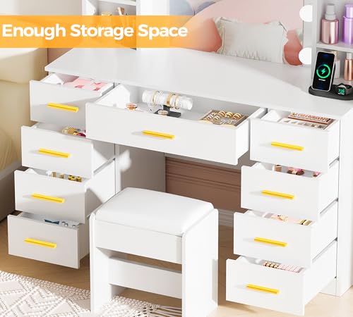 ANWBROAD Makeup Vanity Desk with Lights White Vanity Desk with Mirror and Lights 3 Colors, 9 Drawers, 6 Storage Shelves, 5 Hooks Dressing Table with Stool Power Outlet for Bedroom Girls Women UBDT87W - Thumbnail 4