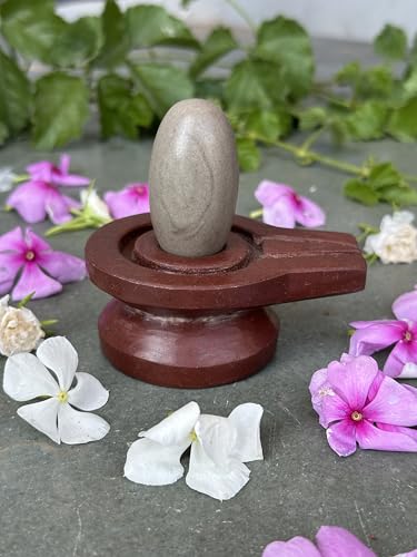 Image of Shivam VASTU AKAL 1.5 inch Original Narmadeshwar Narmada Shivling with 3 inch Narmada Stone Yoni Base Jaladhari (Ardhanarishwar Shivling, Brown Damru Jaladhari)