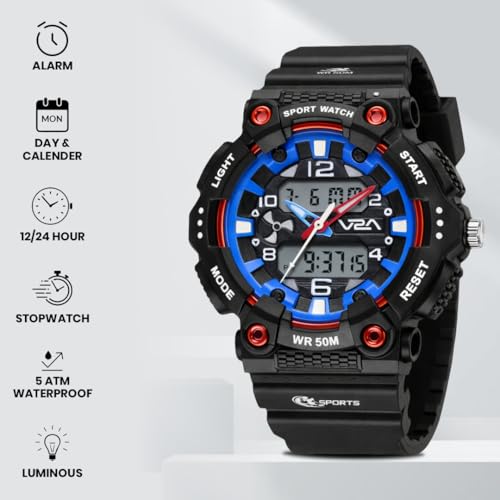 Image of V2A Nova Pro 43mm Analog Digital Sports Watch for Boys (8-14 Years) | Bolt Guard Sport Design | Alarm Stopwatch Backlight Day Date | TPU Strap | 50M Water Resistant| Gift for Boy