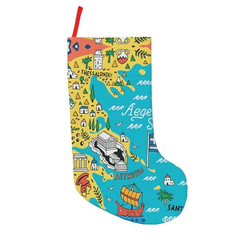 DUWAA Mapa de Grecia con estampado del mar Egeo, medias de Navidad de 45,7 cm, para chimenea, para decoración familiar de Navidad