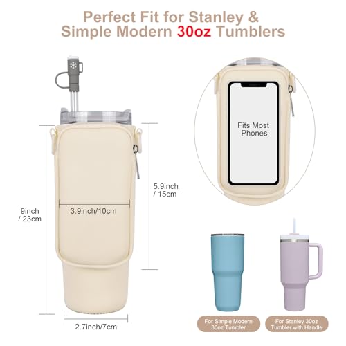 Image of Water Bottle Carrier Bag with Phone Pocket for Stanley 40 /30 oz Tumbler Neoprene Water Bottle Holder Pouch with Adjustable Strap Bollus with Straw Cover & Carabiner for Stanley Cup Accessories.