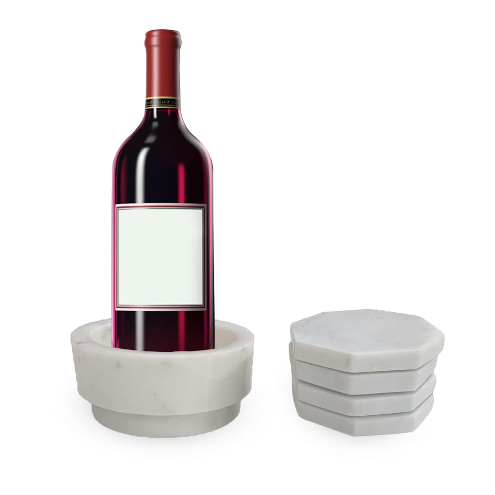 Enfriador de vino de mármol, pequeño soporte para bebidas ideal para fiestas y ocasiones. Este juego incluye cuatro posavasos octogonales de mármol de material natural de alta calidad (blanco)