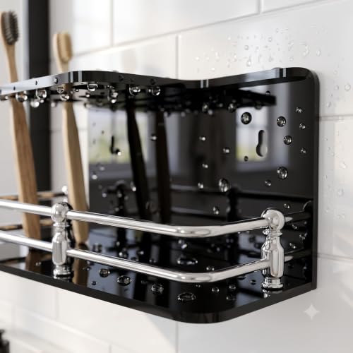 Image of self Adhesive Wall Mounted Acrylic Toothpaste Holder,Toothbrush Stand,Toothpaste Tubler for Bathroom Organizer Rack for Home(Black Acrylic) (Half S.S Black)