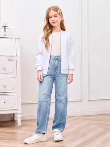 Haloumoning Girls Wide Leg Barrel Jeans Kids Fashion Elastic Waist Baggy Denim Pants with Pockets 5-14 Years4