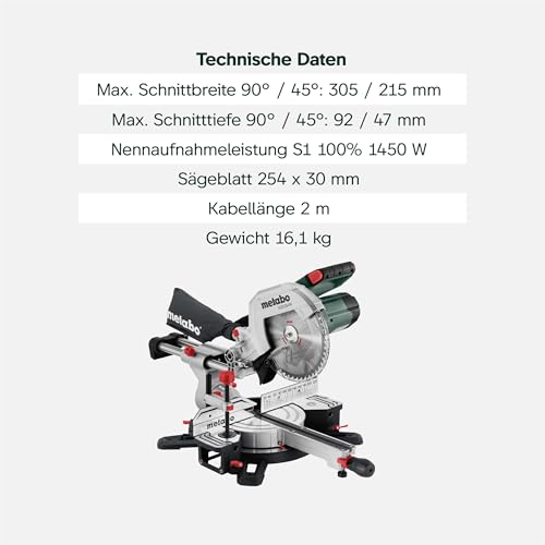 Metabo Kapp- und Gehrungssäge KGS 254 M – 613254000 – Mit Precision Cut Line, 254 mm Sägeblatt und Zugfunktion – 2 m Kabellänge