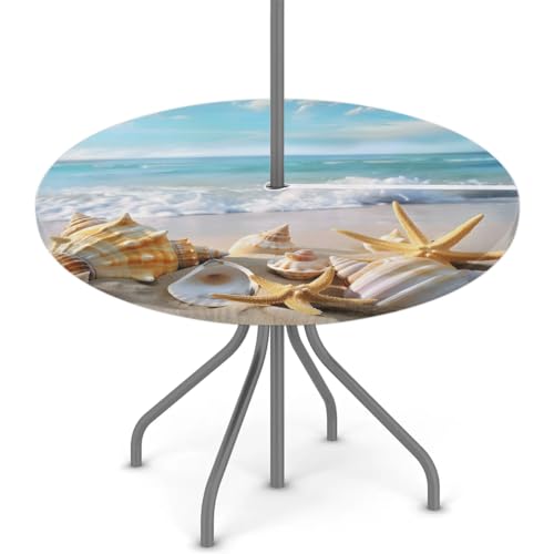 Tablerazzi Beach Round Outdoor Tablecloth with Umbrella Hole and Zipper Starfish Seashell Fitted Tablecloth Wipeable Table Cloth for Picnic Garden, 36''-44''