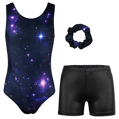 Image of MODAFANS Leotards for Girls Gymnastics with Shorts Dance unitards Tumbling Biketards with Hair Scrunchie for3-13T