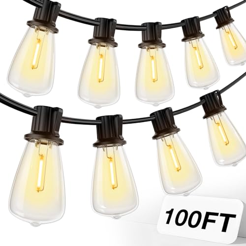 addlon 100FT LED Outdoor String Lights Waterproof Patio Lights with 32 Shatterproof ST38 Replaceable Bulbs(2 Spare), Dimmable Outside Hanging Lights Connectable for Porch, Backyard, 2200K Warm Yellow