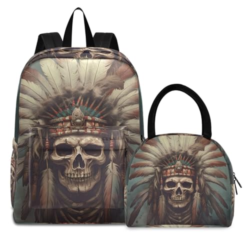 Skeleton Chief Print Backpack Set with Lunch Bag, Large Capacity Travel Backpacks and Lunch Box Insulated for Commute Hiking Picnic