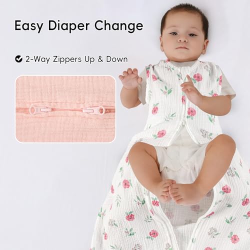 Image of david's kids Muslin Cotton Baby Sleep Sack 18-24 Months, 2 Pack 100% Cotton Sleeping Bag for Summer, TOG 0.5 Baby Wearable Blankets with 2-Way Zipper, Soft Sleep Sacks for Newborn Infant, Pink Floral