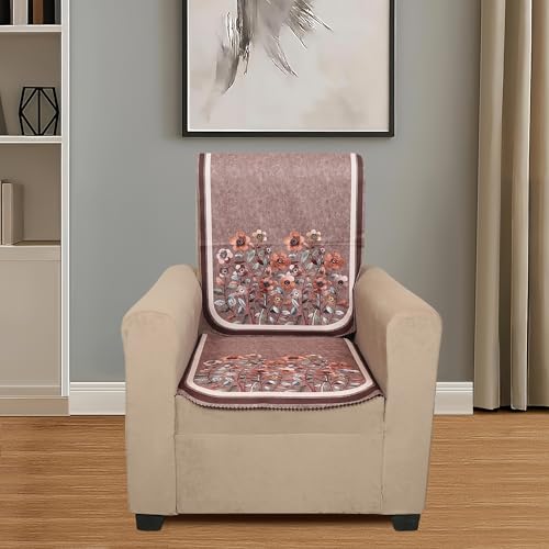 Image of Velvet Single Seater Sofa Cover with 2 Seat and Back Covers - Floral Design - Washable Fabric - Stylish Sofa Cover for Modern Living Room (Brown, 1 Seater Without Arm Cover)