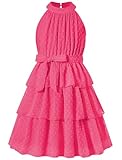 Move Dance Girls Halter Neck Dress Hot Pink Summer Flared Midi A-Line Sundress Swiss Dot Sleeveless Casual Layered Chiffon Dresses with Belt 6-7 Years Old