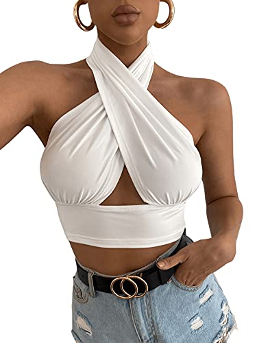 DIDK Top para mujer con cuello halter sin vientre, parte superior sin espalda, Blanco, XS Cover
