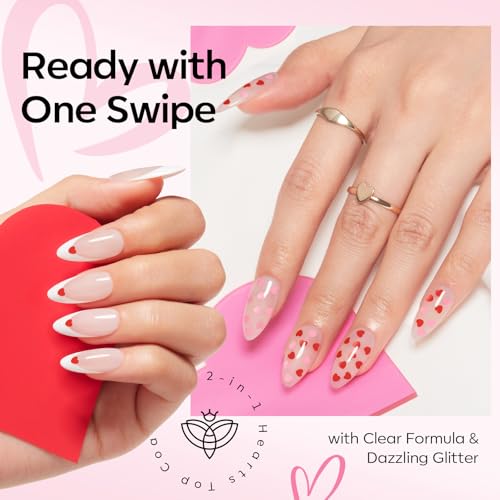 Image of modelones Heart Glitter Gel Top Coat, 15 ML 2 in One No Wipe Clear Gel Nail Polish Red Pink Color Reflective Hearts Sequins Glossy Shine Long Lasting Soak Off Manicure Gift for Women
