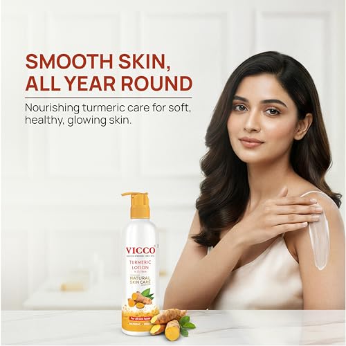 Image of Vicco Turmeric Lotion in Oil Base | Enriched with Turmeric Rich in Curcumin | Intensive Nourishment for Every Skin Type | Locks in Moisture | Helps Improve Uneven Skin Tone & Enhances Natural Glow | 400ml | Pack of 1