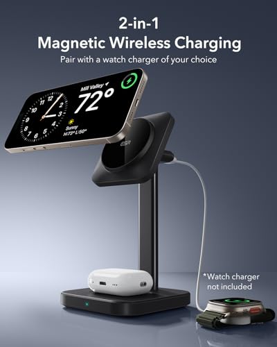 ESR 2 in 1 Charging Station for Apple, MagSafe Charger Stand for iPhone [Certified], Magsafe Charging Station for Multiple Devices iPhone 16/15/14/13/12, Apple Watch, & AirPods, Black