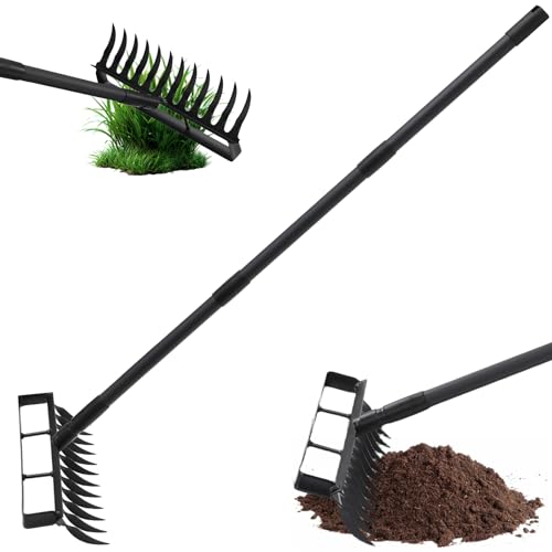 2 en 1 Houe de Jardin à étriers, motoculteur, cultivateur, Outils de Jardinage et de désherbage, Rateau de désherbage avec Manche Acier réglable de 195 cm...
