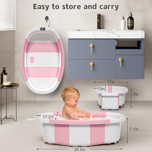 Collapsible Baby Bathtub for Newborn to Toddler 0-36 Months,Spacious Foldable Infant Bath Tub with Thermometer,Cushion & Drain Hole,Portable Travel Tub, Baby Shower Gift Pink - Thumbnail 3