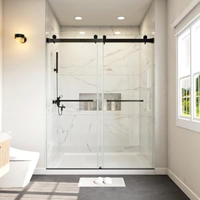 FEKEWIO Frameless Shower Doors 62-66" W x 76" H Double Sliding 3/8"(10mm) Clear Tempered SGCC Shatterproof Glass Width Adjustable, DS01- Matte Black