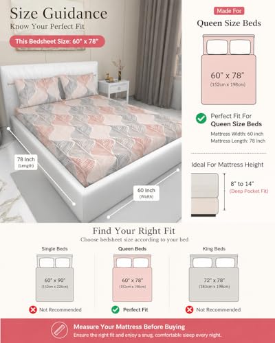 Image of Blue Strip 300 TC Cotton Feel Glace Cotton Elastic Fitted Printed Queen Size Double Bed Bedsheet with 2 Pillow Covers Fits Upto 8 inches,Size- 60x78x8 Inches