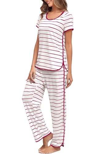 FKEEP Stripe Pajamas Set Women Two-Piece Nightwear Short Sleeve Sleepwear Soft Side Split Loungewear Pjs Sets(White and Rose Red,X-Large)