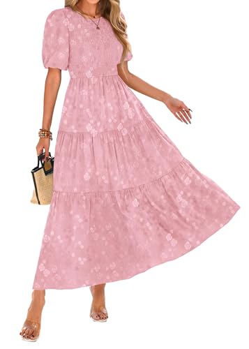 KIRUNDO Womens Summer Dresses Wedding Guest Floral Midi Sundress Short Puff Sleeve Flowy A Line Smocked Tiered Boho Dress(Pink, Small)