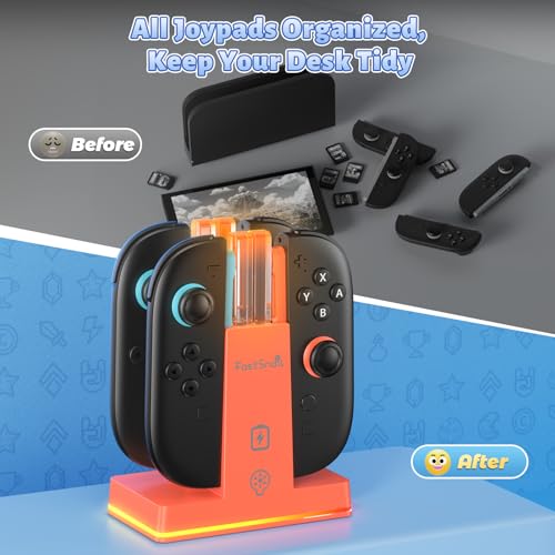 Image of FASTSNAIL Switch 2 Controller Charger Dock for Nintendo Switch 2 for JoyCon | 4-in-1 Fast Switch 2 Joypad Charging Dock Station, 9 RGB Light, Dual-Direction Magnetic Stand for Joycon 2 Accessorie, Orange