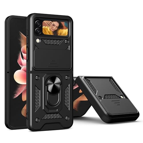 Samsung Z Flip 4 Case with Slide Camera Protector Built-in Ring Kickstand Armour Military Shockproof Protective Cover compatible with Car Mount Samsung Galaxy Z Flip 4 Case Black