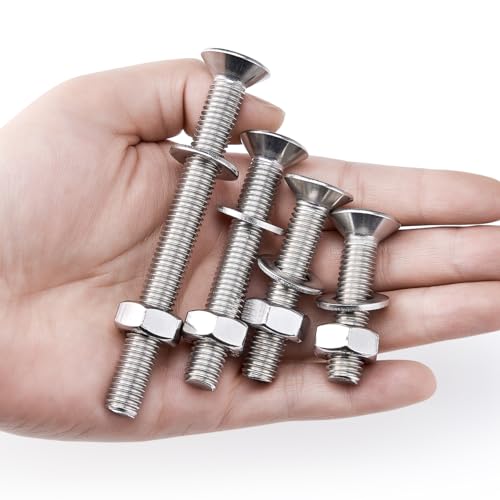 Xrfoiniu 388 Pcs M5/M6/M8/M10 Large Hex Flat Head Cap Assorted Metric Bolts and Nuts Silver 304 Stainless Steel Anchors and Screws Kit for Wood Working Tools and Accessories with Flat&Lock Washers